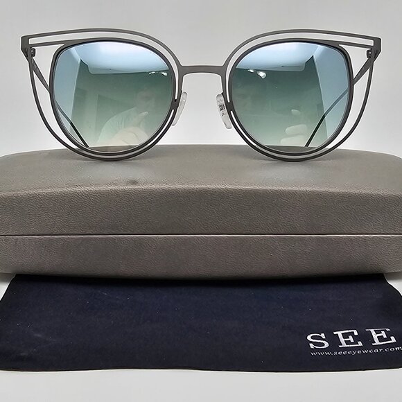 See Eyewear SEE 6608 C4 Gunmetal Frame Green Mirror Lens Cat Eye Sunglasses 50mm